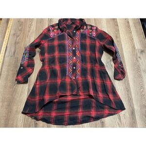 Caleooa Shirt, Women's Size XL, Black Red, Plaid, Button Up, Long Sleeve